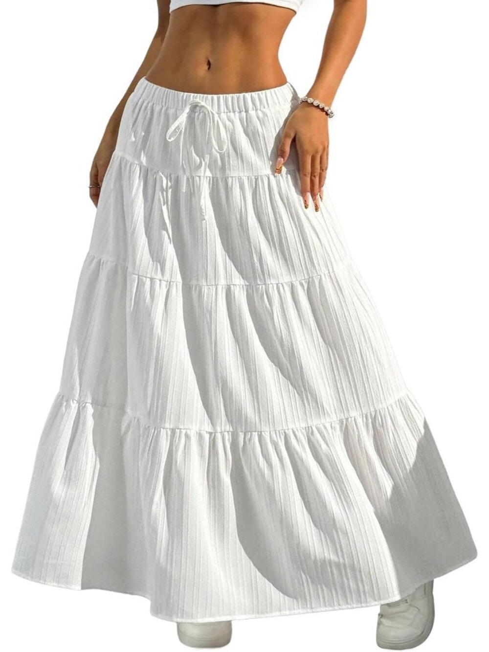 Women's White Boho Flowy Tiered Ruffle Elastic High Waist Pull On Long Skirt